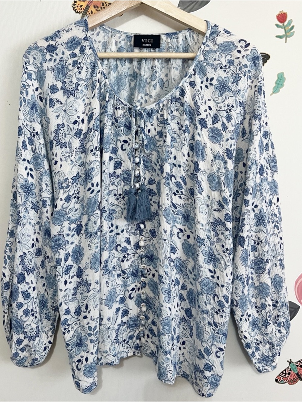 VICI White and Blue Floral Tassel Peasant Blouse